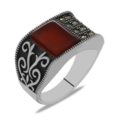 925 Sterling Silver Mens Ring With Zircon And Red Agate Stone With Red Agate Decoration