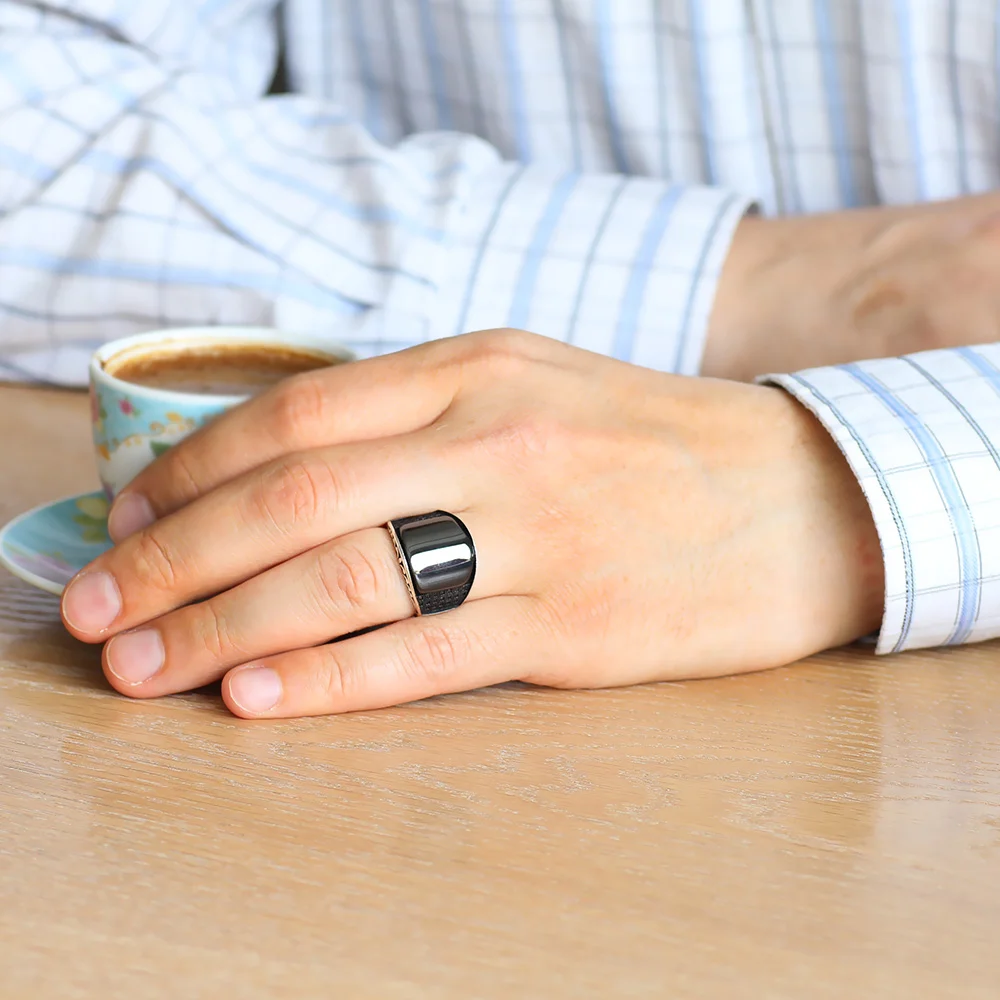 925 Sterling Silver Men's Ring with Zircon Stone Embroidered Black Convex Onyx Stone - 1