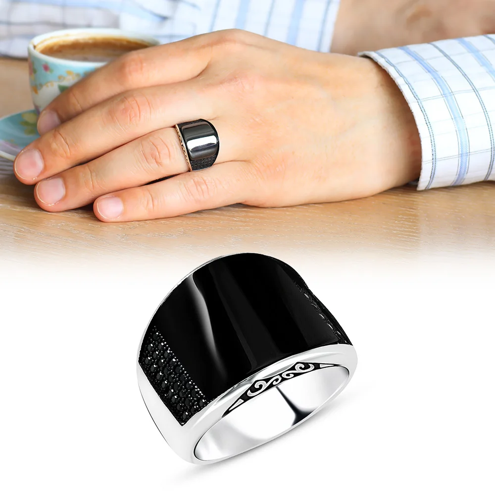 925 Sterling Silver Men's Ring with Zircon Stone Embroidered Black Convex Onyx Stone - 2