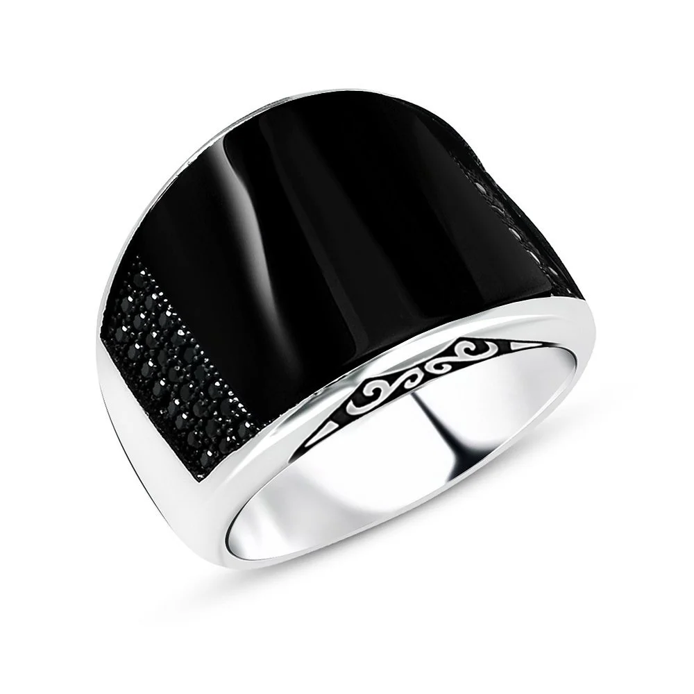 925 Sterling Silver Men's Ring with Zircon Stone Embroidered Black Convex Onyx Stone - 3