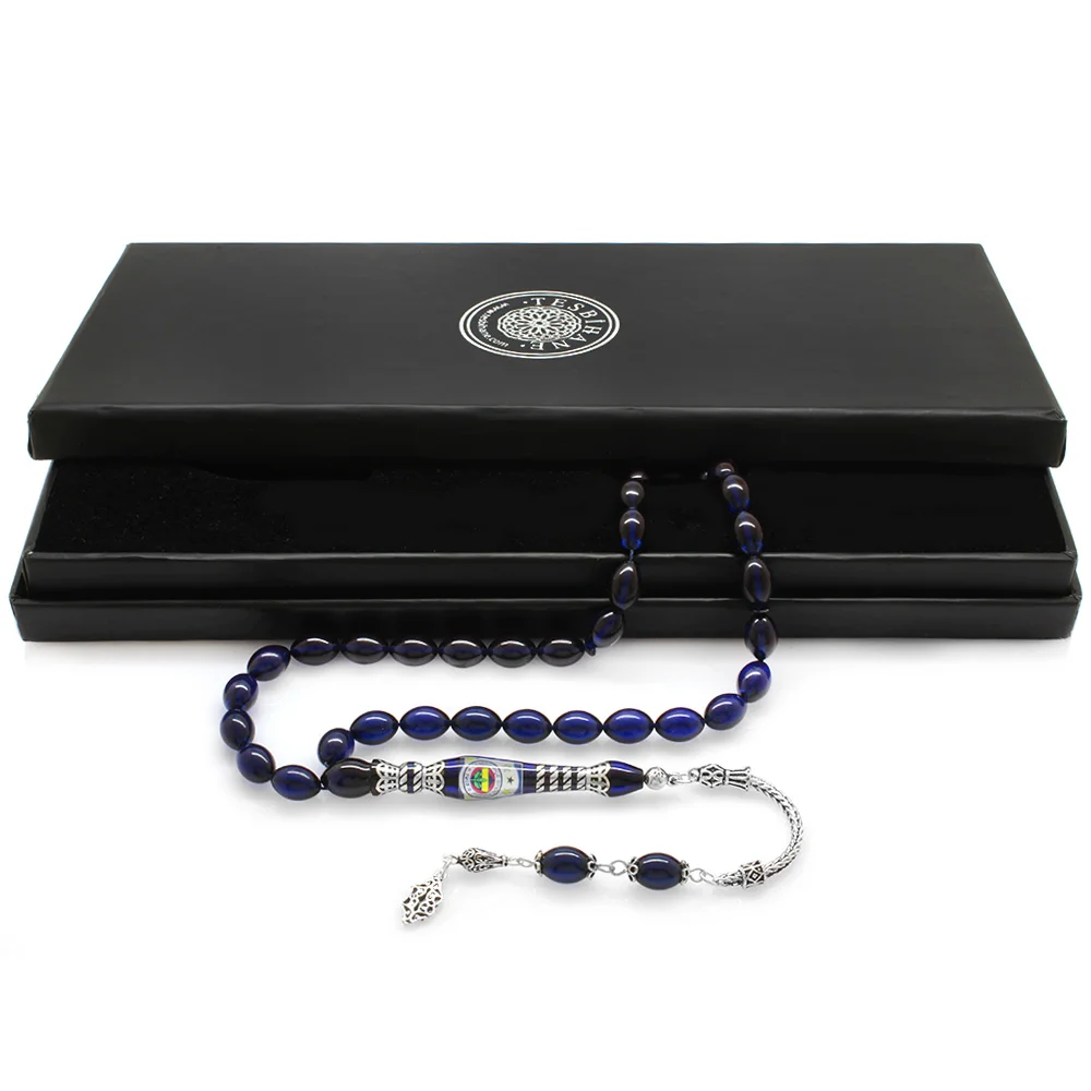 925 Sterling Silver Nakkaş Imameli Fan Logo Dark Blue Spinning Amber Rosary - 2