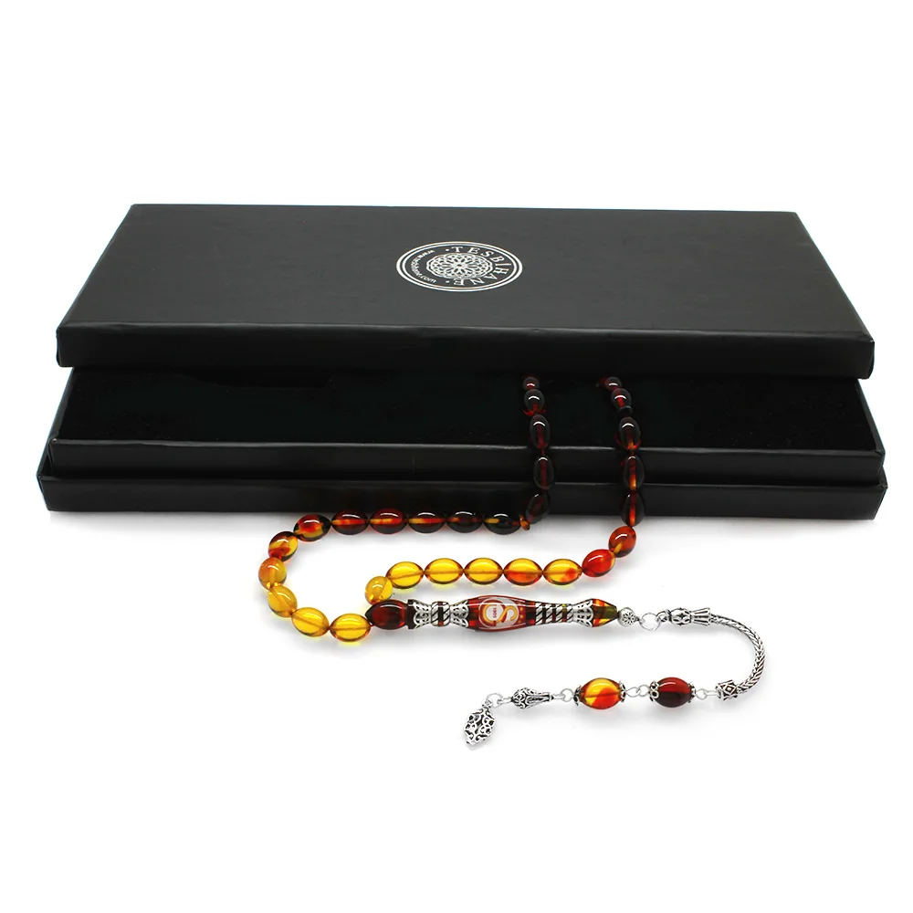 925 Sterling Silver Nakkaş Imameli Fan Logo Filtered Bala-Black Fire Amber Rosary - 1