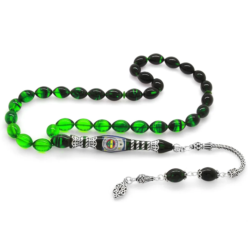 925 Sterling Silver Nakkaş Imameli Fan Logo Filtered Green-Black Fire Amber Rosary - 1