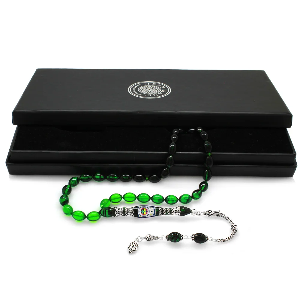 925 Sterling Silver Nakkaş Imameli Fan Logo Filtered Green-Black Fire Amber Rosary - 2