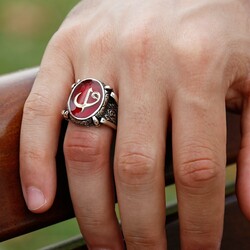 925 Sterling Silver Oval Ring With Elif Vav Letter On Red Enamel - Thumbnail