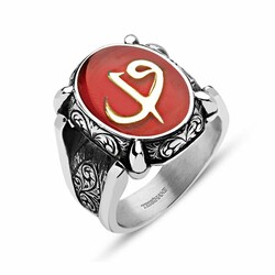 925 Sterling Silver Oval Ring With Elif Vav Letter On Red Enamel - Thumbnail