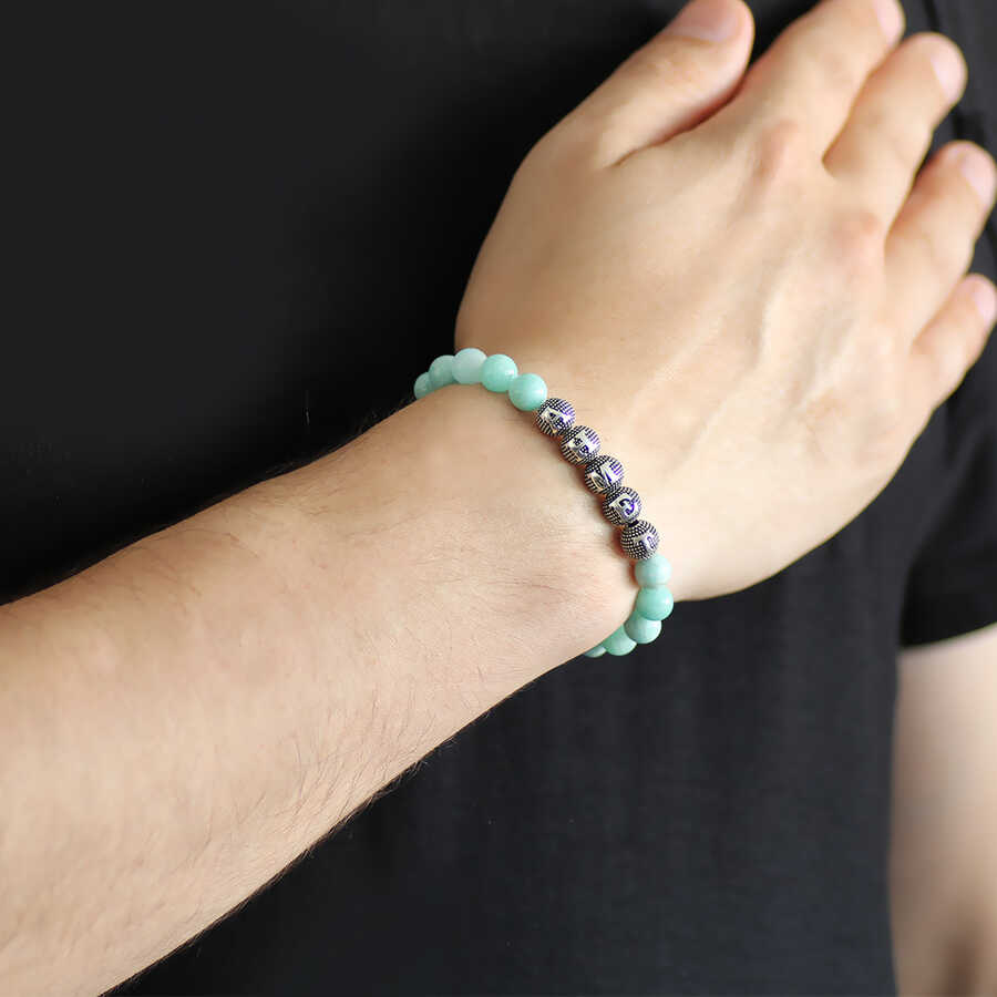 925 Sterling Silver Personalized Name Letter Sphere Cut Natural Amazonite Stone Bracelet Bracelet Tesbihane
