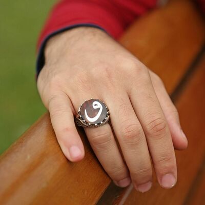 925 Sterling Silver Ring With Mother Of Pearl İnlay And Vav Tortoiseshell Motif