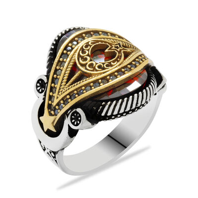 925 Sterling Silver Ring With Red Zirconia And Ayyildiz Belt - 3
