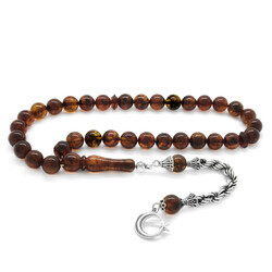 925 Sterling Silver Rope With Tassel, Faceted Sphere, Light Cognac, Drop, Amber Rosary - Thumbnail