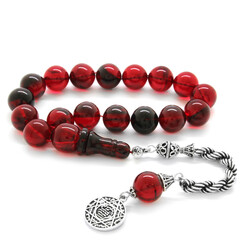 925 Sterling Silver Rope With Tassel Red Black Fire Amber Efe Rosary - Thumbnail