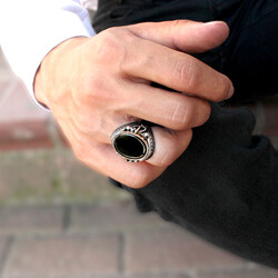 925 Sterling Silver Suede Ring With Black Onyx Embroidered By Elif Vav - 4