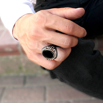925 Sterling Silver Suede Ring With Black Onyx Embroidered By Elif Vav - 4
