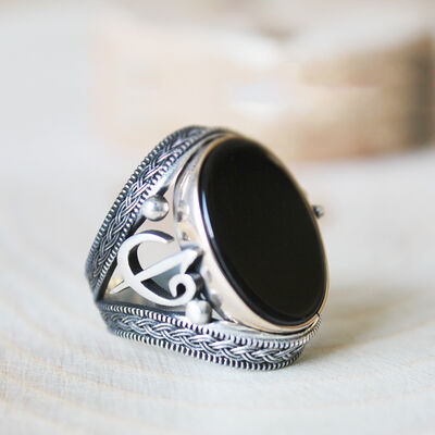 925 Sterling Silver Suede Ring With Black Onyx Embroidered By Elif Vav - 5