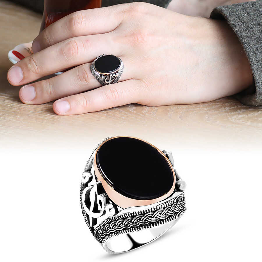 925 Sterling Silver Suede Ring With Black Onyx Embroidered By Elif Vav