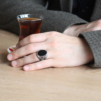 925 Sterling Silver Suede Ring With Black Onyx Embroidered By Elif Vav