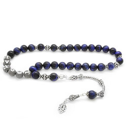 925 Sterling Silver Tassel Ball Carved Name Written With Blue Tiger's Eye Natural Stone Tasbih - 3