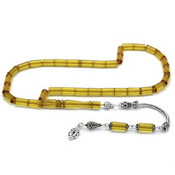 925 Sterling Silver Tassel Cut Light Yellow Fire Amber Rosary - Thumbnail
