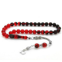 925 Sterling Silver Tassel Globe Cut Filtered Red Black Fire Amber Rosary - Thumbnail