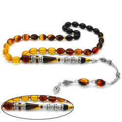 925 Sterling Silver Tassel Silver Minaret Nakkash Decorated Filtered Bala-Black Fire Amber Rosary - 1