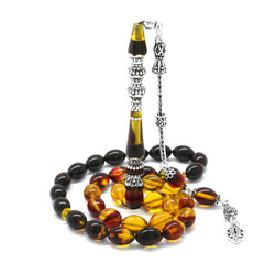 925 Sterling Silver Tassel Silver Minaret Nakkash Decorated Filtered Bala-Black Fire Amber Rosary - 2