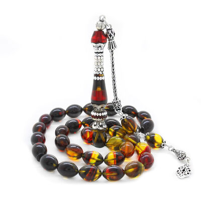 925 Sterling Silver Tassel Silver Nakkash Decorated Filtered Bala-Black Fire Amber Rosary