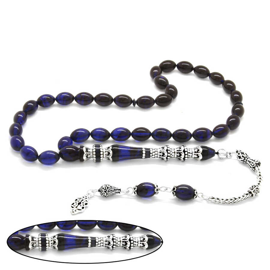 925 Sterling Silver Tassel Silver Nakkash Minaret Decorated Filtered Blue-Black Amber Rosary