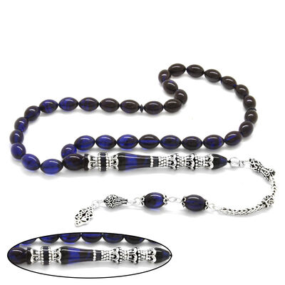 925 Sterling Silver Tassel Silver Nakkash Minaret Decorated Filtered Blue-Black Amber Rosary - 1