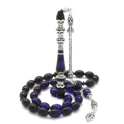 925 Sterling Silver Tassel Silver Nakkash Minaret Decorated Filtered Blue-Black Amber Rosary - Thumbnail
