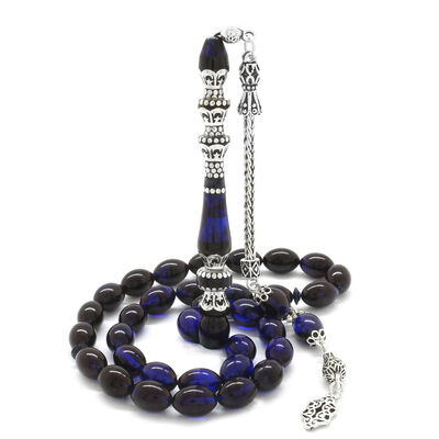 925 Sterling Silver Tassel Silver Nakkash Minaret Decorated Filtered Blue-Black Amber Rosary