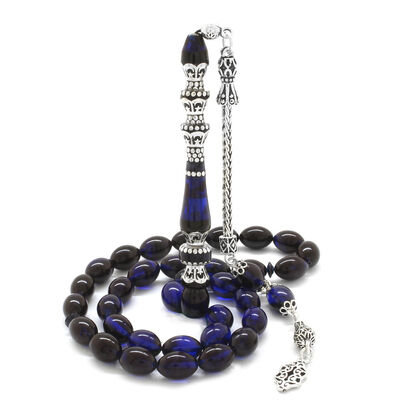 925 Sterling Silver Tassel Silver Nakkash Minaret Decorated Filtered Blue-Black Amber Rosary - 2