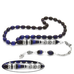 925 Sterling Silver Tassel Silver Nakkash Minaret Decorated Filtered Blue-Black Amber Rosary - 4