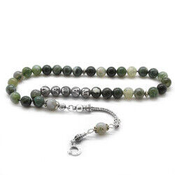925 Sterling Silver Tassel Sphere Cut With Name Written İn Tasbih Moss, Tasbih Natural Stone