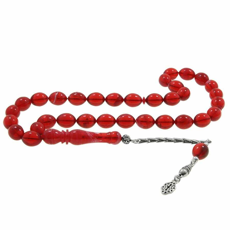 925 Sterling Silver Tasseled Barley Cut Red Spinning Amber Rosary (M-1)