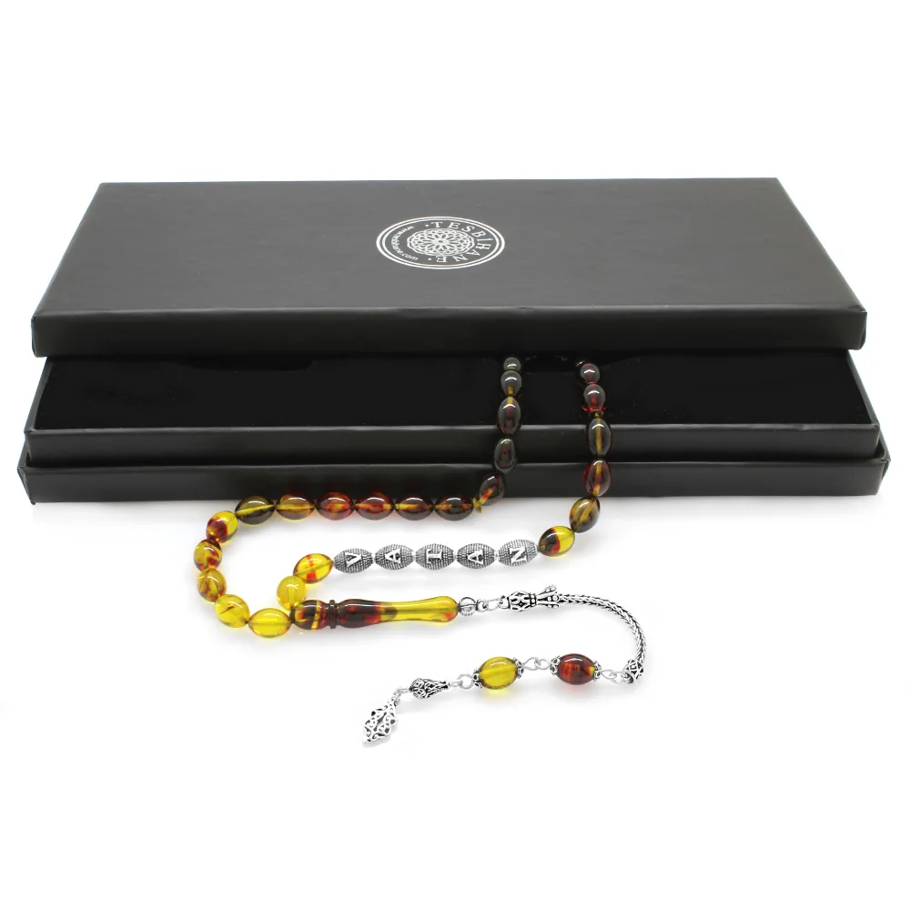 925 Sterling Silver Tasseled Barley Cut Silver Name Written Filtered Bala-Red Fire Amber Rosary - 1