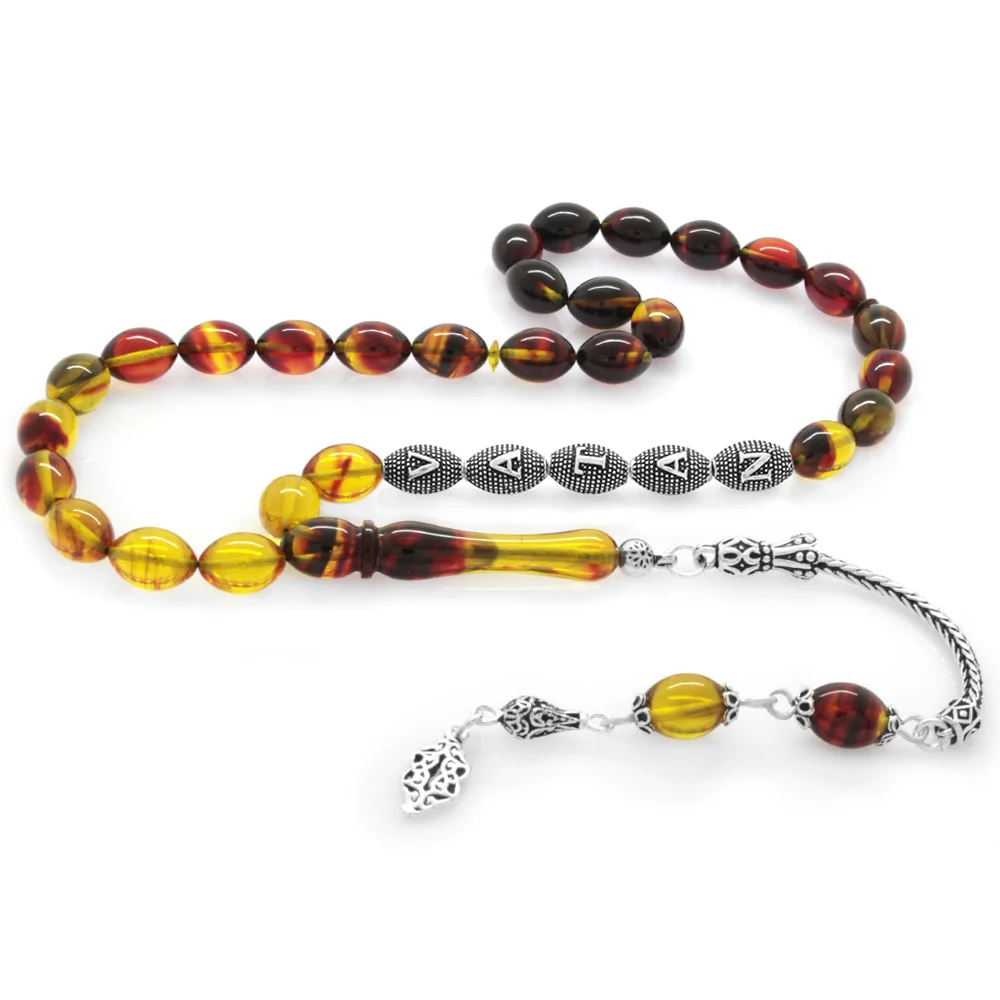 925 Sterling Silver Tasseled Barley Cut Silver Name Written Filtered Bala-Red Fire Amber Rosary - 2