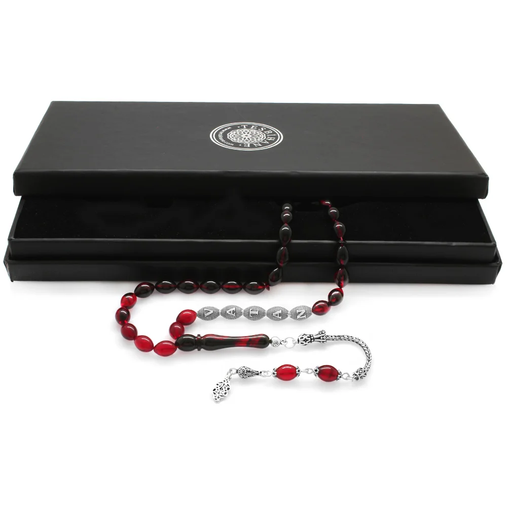 925 Sterling Silver Tasseled Barley Cut Silver Name Written Filtered Red-Black Fire Amber Rosary - 1