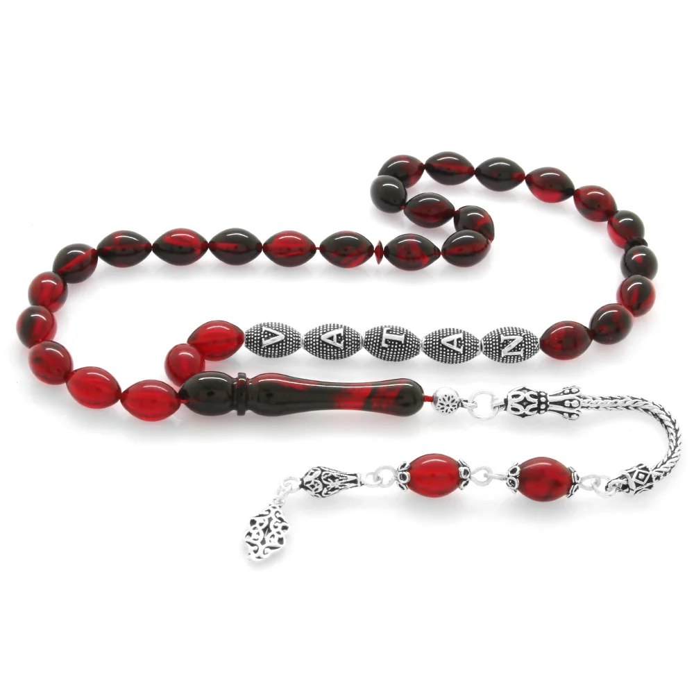 925 Sterling Silver Tasseled Barley Cut Silver Name Written Filtered Red-Black Fire Amber Rosary - 2