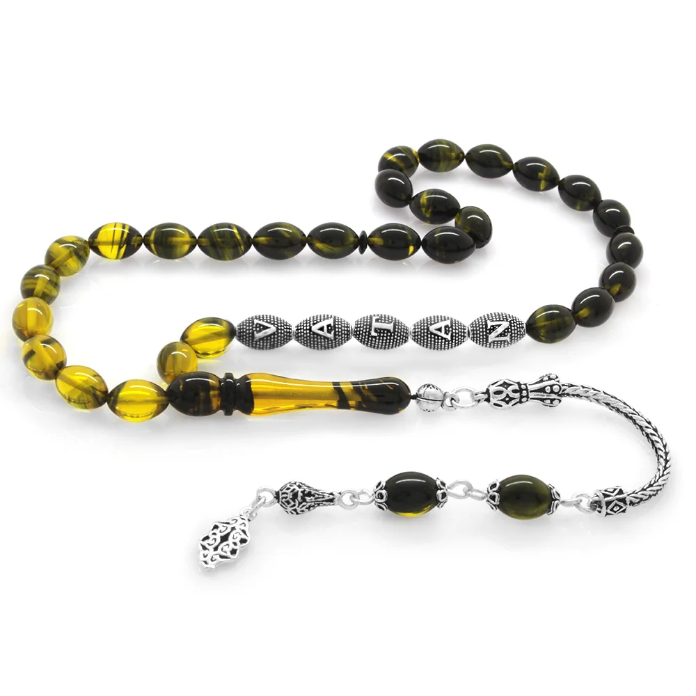 925 Sterling Silver Tasseled Barley Cut Silver Name Written Filtered Yellow-Black Fire Amber Rosary - 2