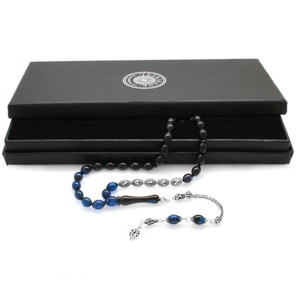 925 Sterling Silver Tasseled Barley Cut Silver Name Written Strained Blue-Black Spinning Amber Rosary - 1