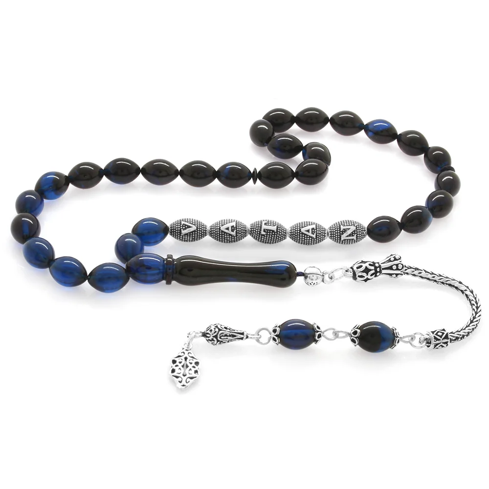 925 Sterling Silver Tasseled Barley Cut Silver Name Written Strained Blue-Black Spinning Amber Rosary - 2