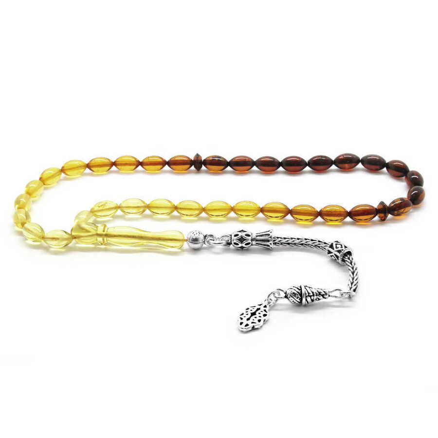 925 Sterling Silver Tasseled Barley Cut Strained Honey Color Amber Drop Rosary