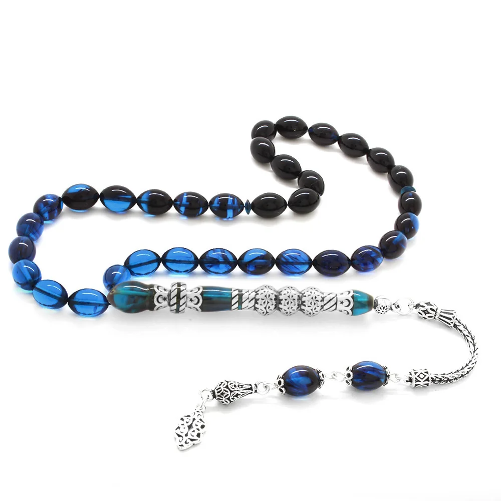 925 Sterling Silver Tasseled Silver Tri-Honored Nakkaş Imameli Strained Turquoise-Black Fire Amber Rosary - 1