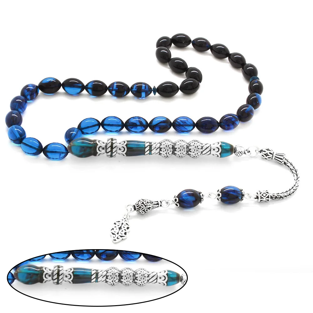 925 Sterling Silver Tasseled Silver Tri-Honored Nakkaş Imameli Strained Turquoise-Black Fire Amber Rosary - 2