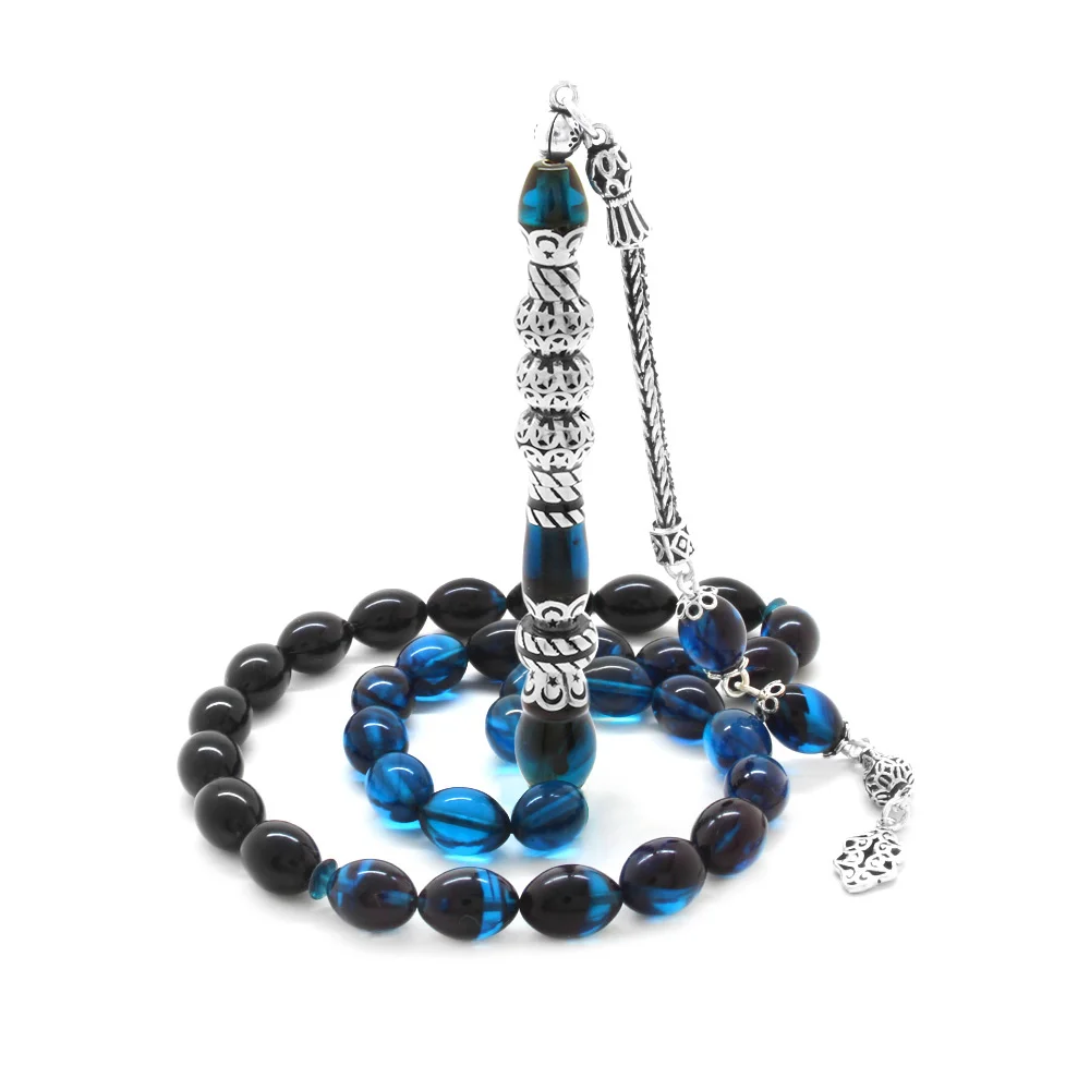 925 Sterling Silver Tasseled Silver Tri-Honored Nakkaş Imameli Strained Turquoise-Black Fire Amber Rosary - 3