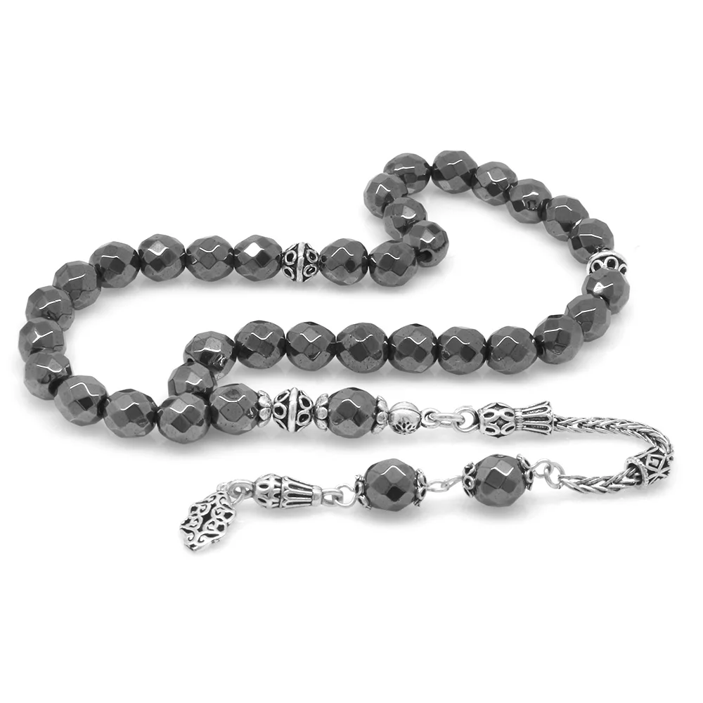 925 Sterling Silver Tasseled Sphere Cut Facet Hematite Natural Stone Rosary - 1