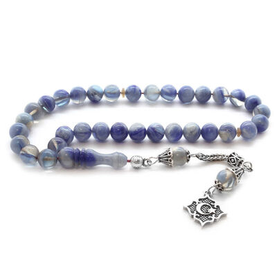 925 Sterling Silver Tassels And Round Cut With Blue Moire And Ruffled Amber Rosary