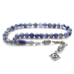925 Sterling Silver Tassels And Round Cut With Blue Moire And Ruffled Amber Rosary - Thumbnail