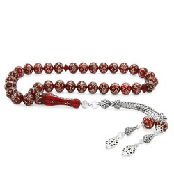 925 Sterling Silver Tassels, Rich Silver Engraved Spherical Rosary, Red Stamped Amber Rosary - Thumbnail