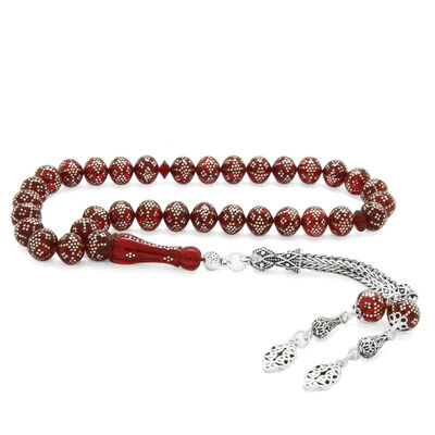 925 Sterling Silver Tassels, Rich Silver Engraved Spherical Rosary, Red Stamped Amber Rosary